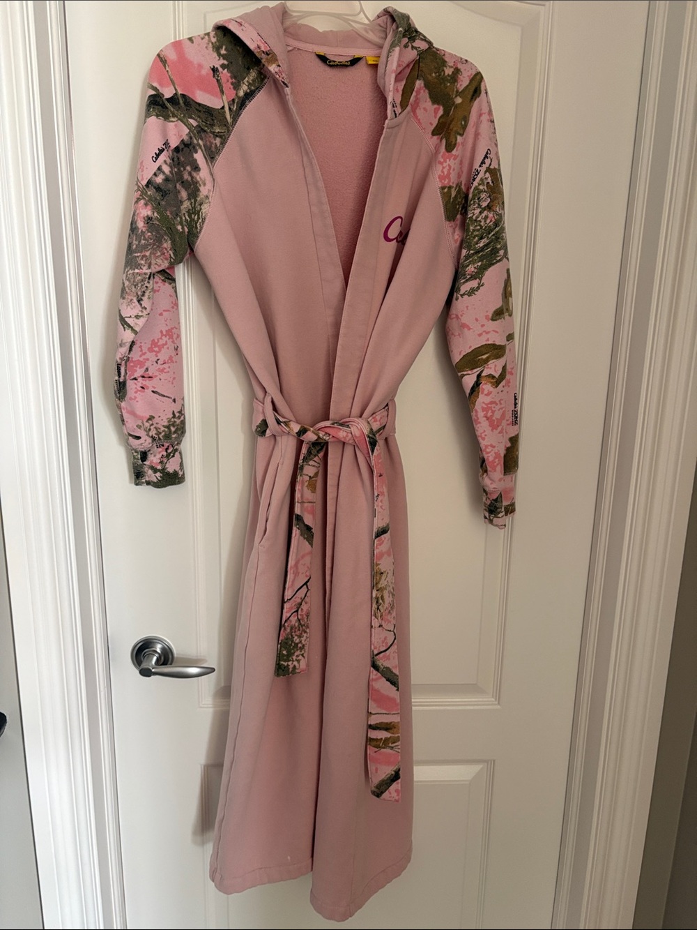 Cabela's Pink Hooded Tie-Waist bathrobe with Camouflage Sleeve Accents